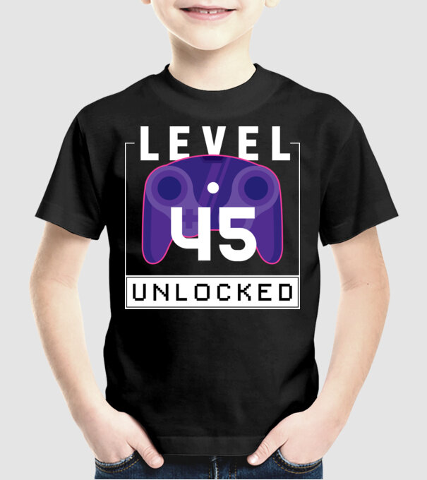 Level 45 Unlocked Gamer Születésnap minta fekete pólón
