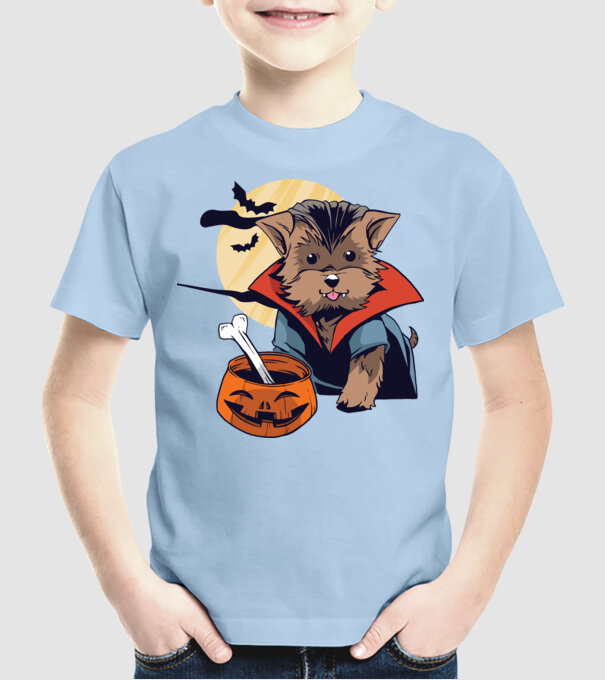 Vámpír Yorkie Halloween minta világoskék pólón
