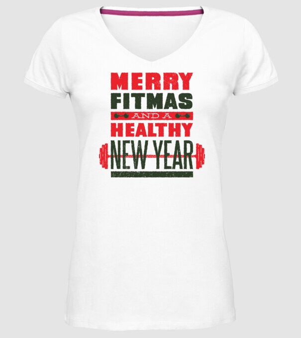 Merry Fitmas and a Healthy New Year vicces gyúrós póló minta fehér pólón