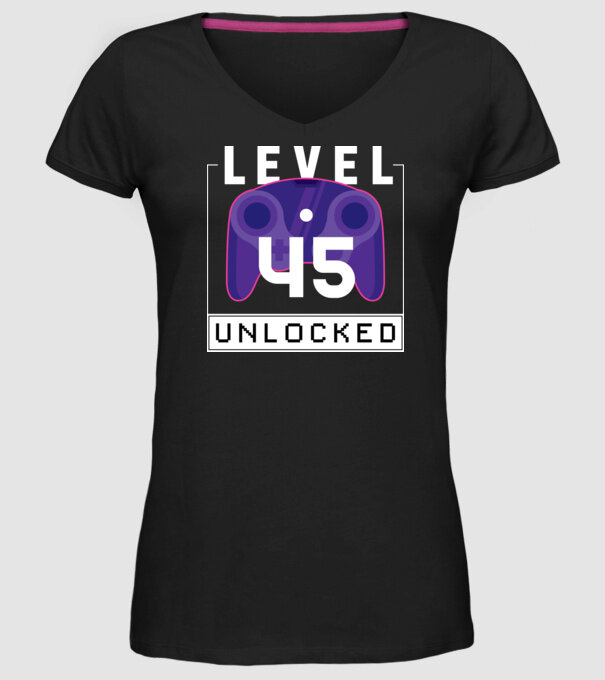 Level 45 Unlocked Gamer Születésnap minta fekete pólón