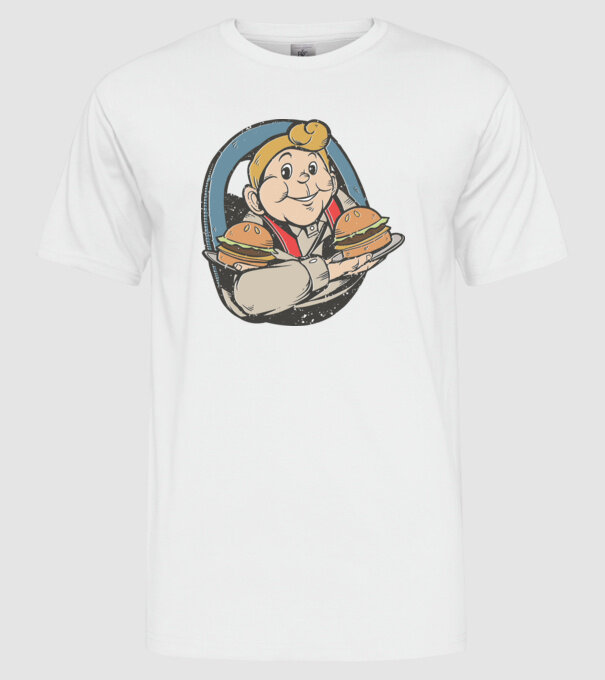 Retro fiú hamburgerrel minta fehér pólón