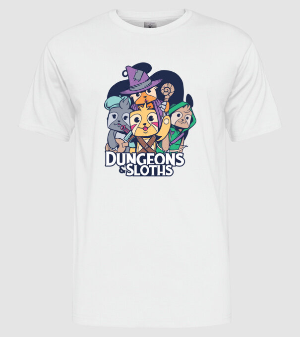 Sloths Dungeons minta fehér pólón