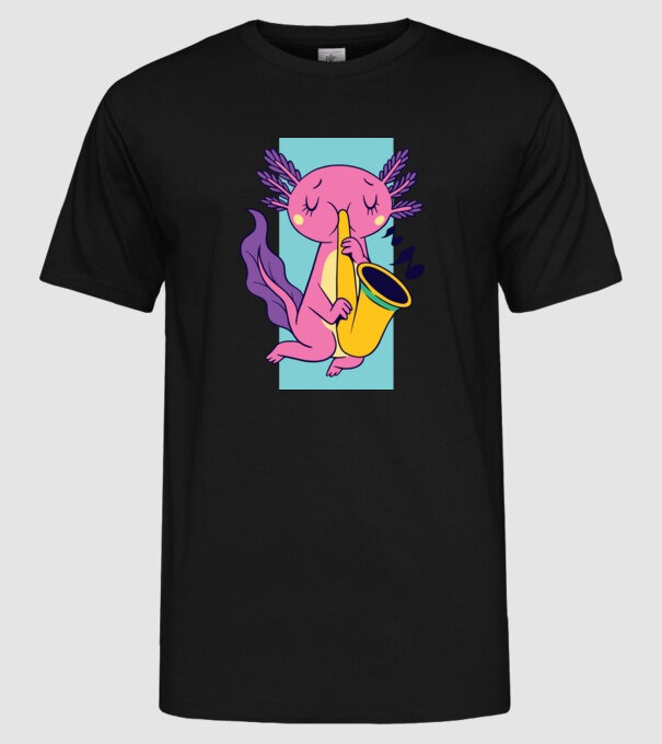 Szaxofonozó axolotl  minta fekete pólón