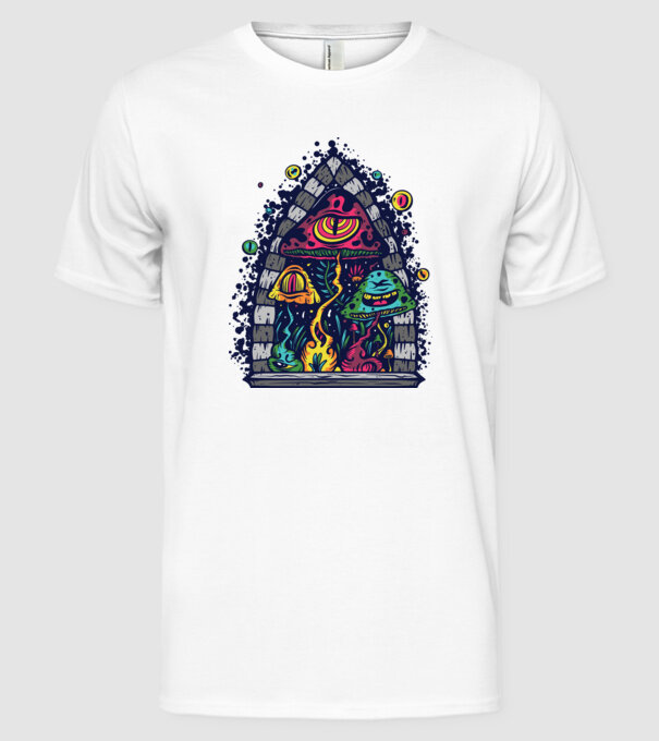 Trippy gombák minta fehér pólón
