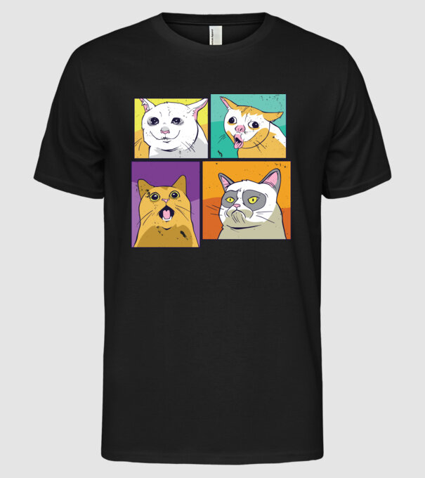 Cica Mém Pop Art minta fekete pólón