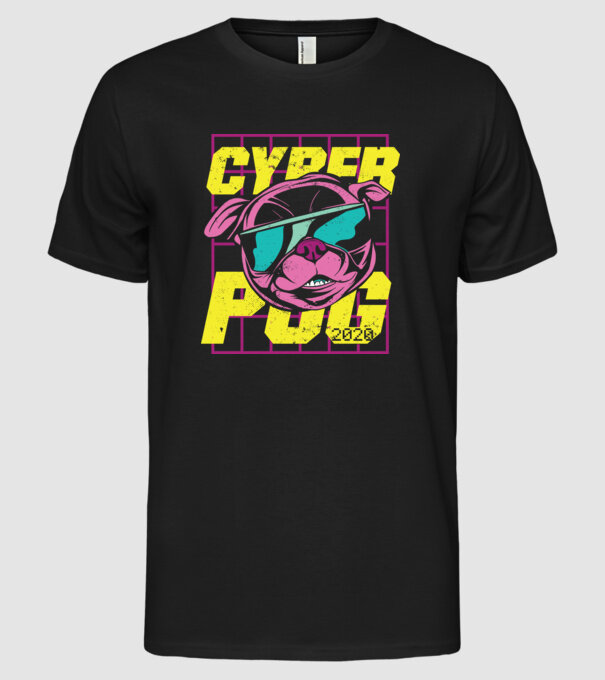 Cyber Pug Mopsz minta fekete pólón