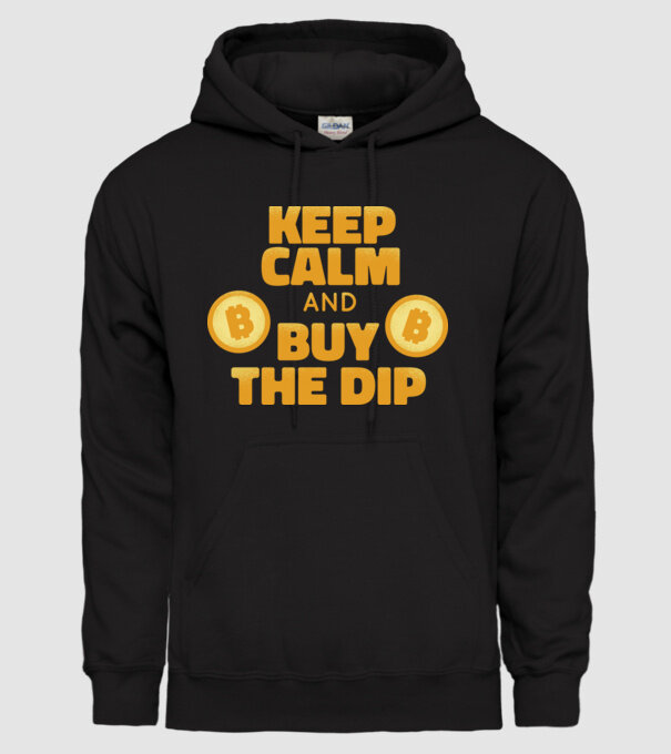 Keep calm and buy the dip Bitcoin minta fekete pólón