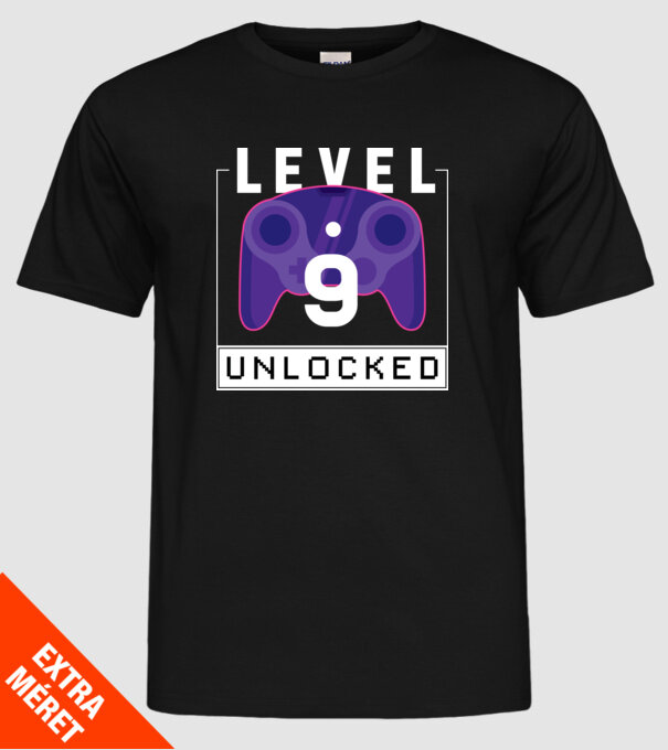 Level 9 Unlocked Gamer Születésnap minta fekete pólón