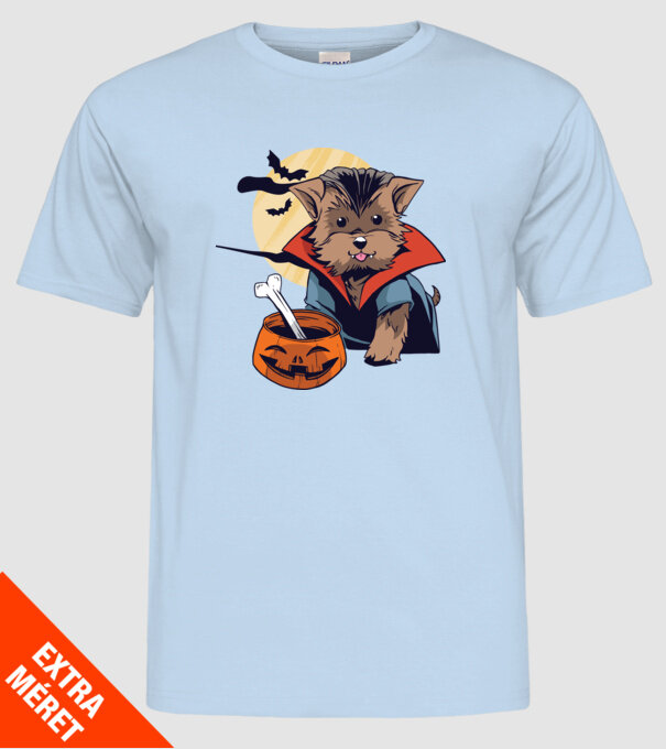 Vámpír Yorkie Halloween minta világoskék pólón