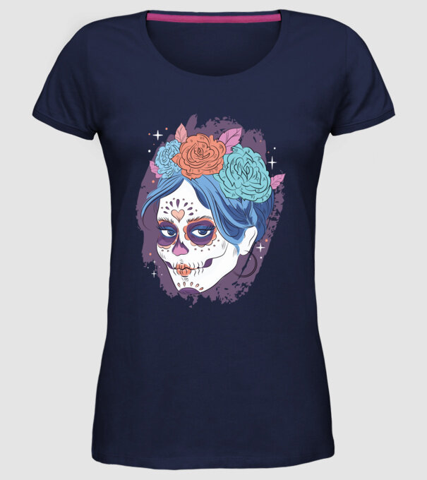 Dia de Los Muertos - Koponya virágokkal minta sötétkék pólón