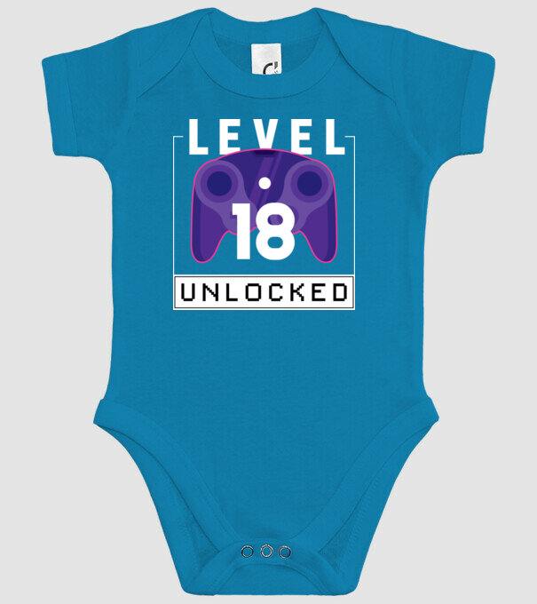 Level 18 Unlocked Gamer Születésnap minta türkiz pólón