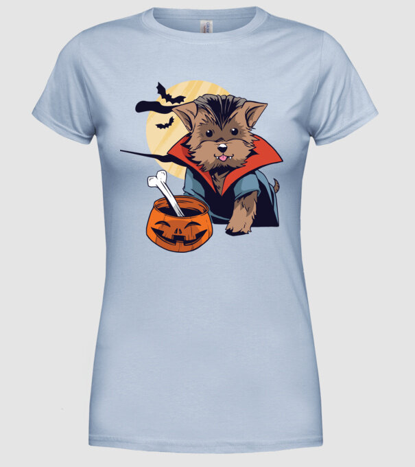 Vámpír Yorkie Halloween minta világoskék pólón