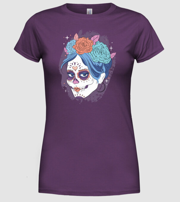 Dia de Los Muertos - Koponya virágokkal minta lila pólón