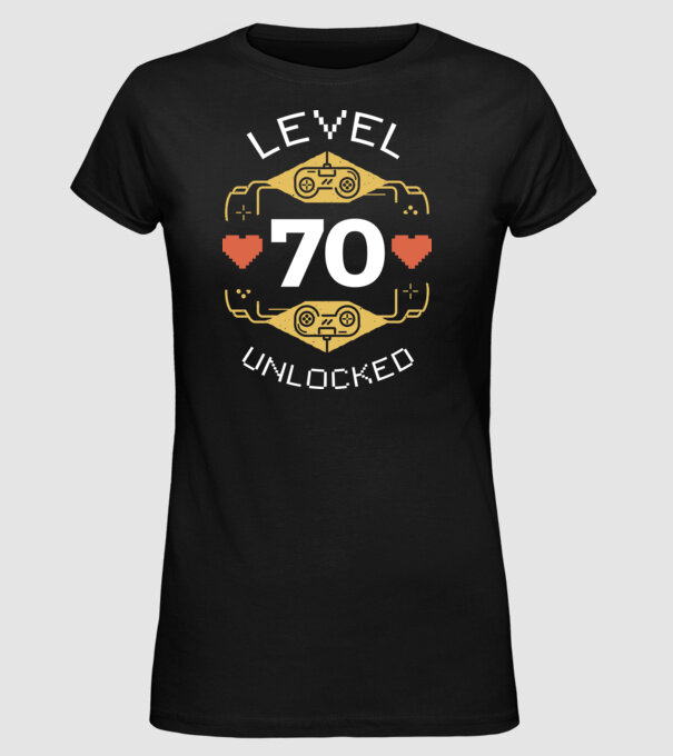 Level 70 Unlocked Gamer póló minta fekete pólón