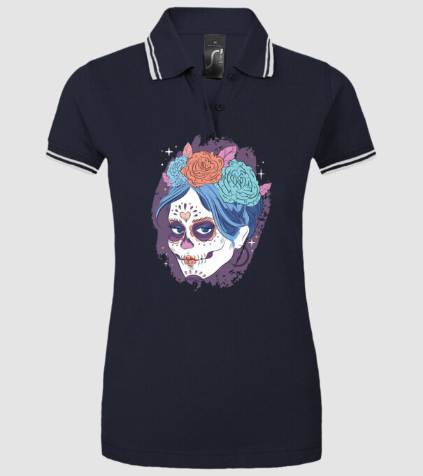 Dia de Los Muertos - Koponya virágokkal minta sötétkék pólón