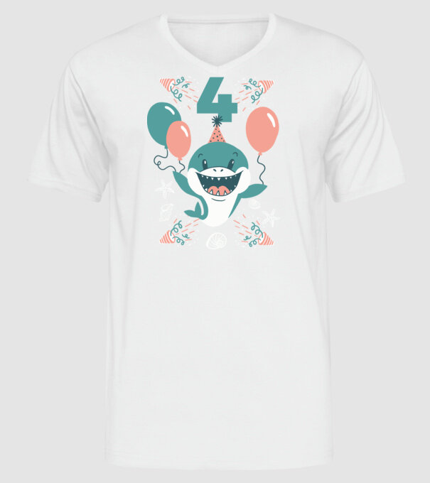 Birthday Shark 4 éves szülinapra cuki cápa minta fehér pólón