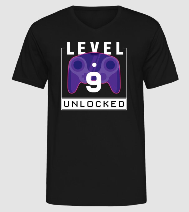 Level 9 Unlocked Gamer Születésnap minta fekete pólón