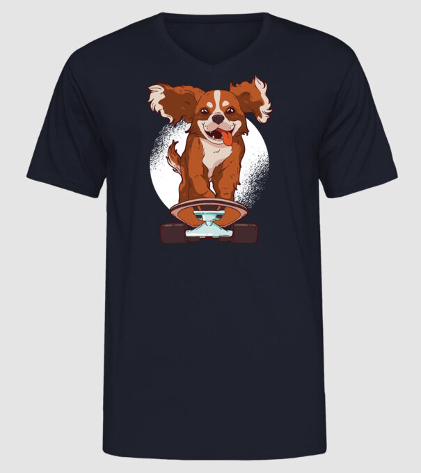 Gördeszkás Cavalier King Spániel minta sötétkék pólón