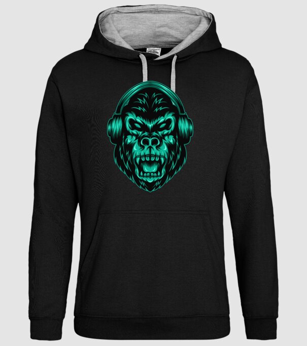 Gorilla fejhallgató minta fekete pólón