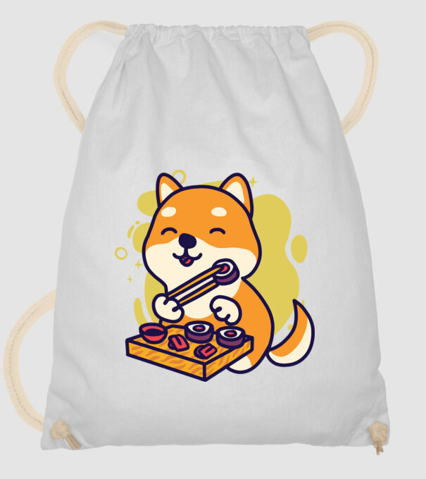 Shiba inu Sushival minta fehér pólón