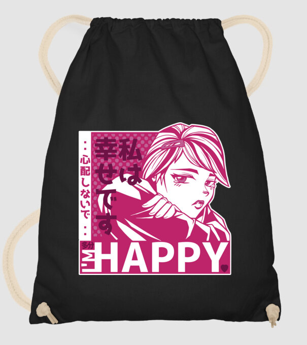 I'm happy antiszociális Anime Lány minta fekete pólón
