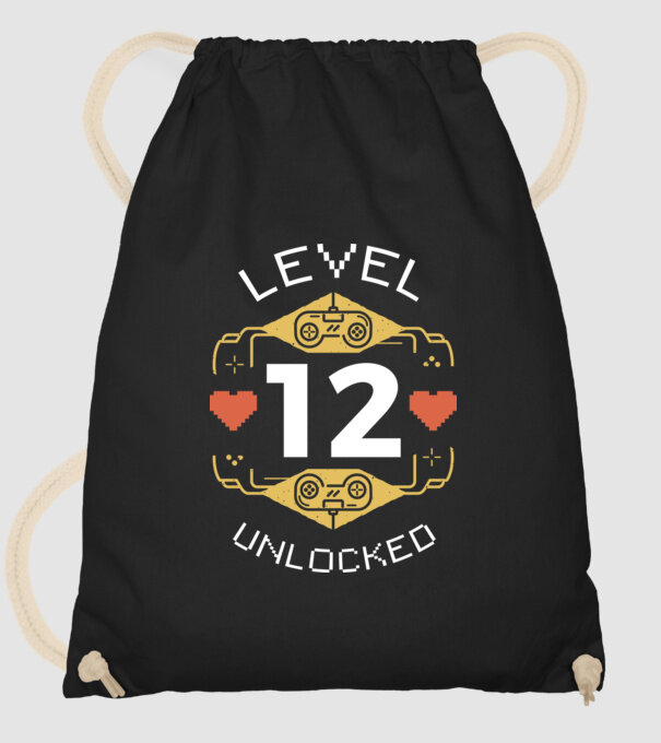 Level 12 Unlocked Gamer póló minta fekete pólón
