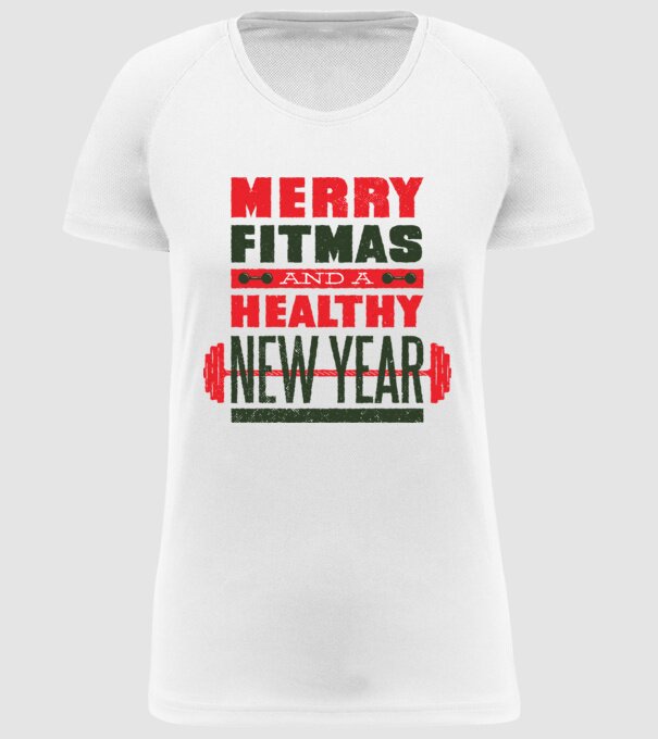Merry Fitmas and a Healthy New Year vicces gyúrós póló minta fehér pólón