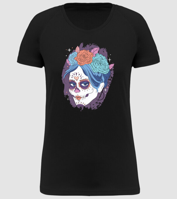 Dia de Los Muertos - Koponya virágokkal minta fekete pólón