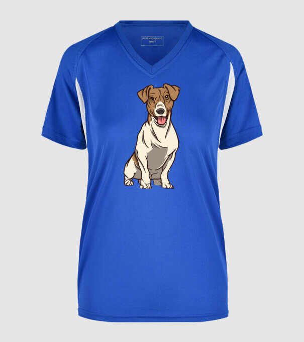 Jack Russell Terrier minta királykék pólón