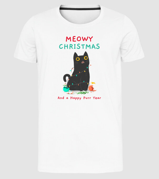 Meowy christmas and a Happy Purr Year minta fehér pólón