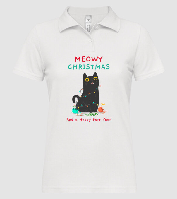 Meowy christmas and a Happy Purr Year minta fehér pólón