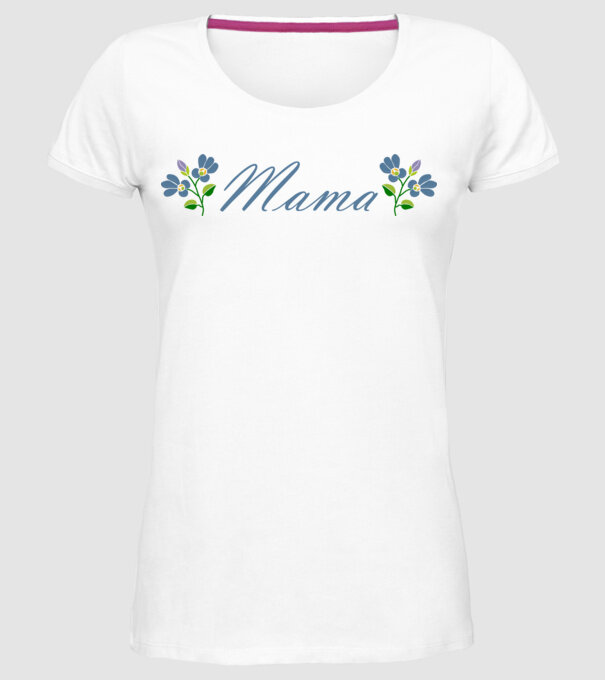 Mama felirat kicsi kék virágokkal minta fehér pólón