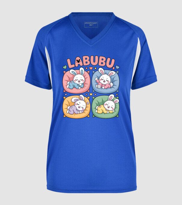 Labubu nyuszik a lustaság nagymesterei minta királykék pólón