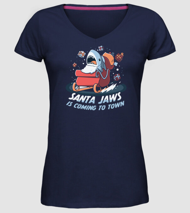 Santa jaws - cápa mikulás minta sötétkék pólón