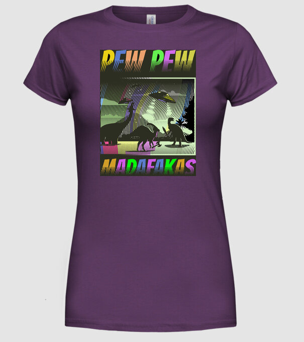 PEW PEW MADAFAKAS dinosaur és UFO minta lila pólón