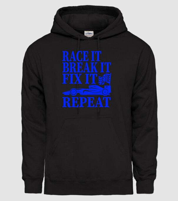 Race it, Break it, Fix it, Repeat - Versenyezz vele, törd meg, javítsd, Ismétlés minta fekete pólón