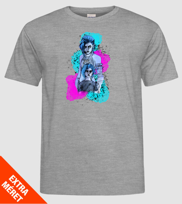 Jinx és Powder League of Legends minta szürke pólón