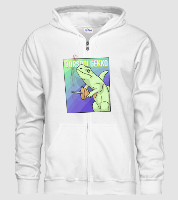 Borsodi gekko minta fehér pólón