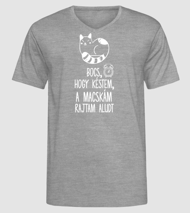 Bocs, hogy késtem, a macskám rajtam aludt minta szürke pólón