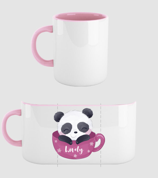 Cuki panda csészében minta világos rózsaszín pólón