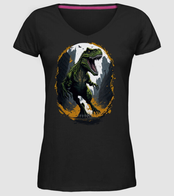T-rex a városban minta fekete pólón