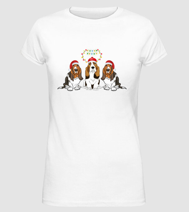 Mikulás sapkás Basset Hound minta fehér pólón