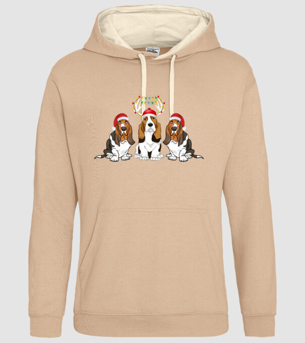 Mikulás sapkás Basset Hound minta homokszín pólón